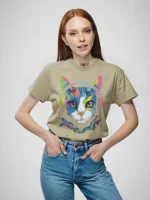 Girls' Teenage Cotton Oversized Rainbow Cat Print T-Shirt - Image 6