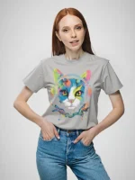 Girls' Teenage Cotton Oversized Rainbow Cat Print T-Shirt - Image 5