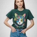 Girls' Teenage Cotton Oversized Rainbow Cat Print T-Shirt