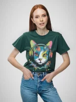 Girls' Teenage Cotton Oversized Rainbow Cat Print T-Shirt