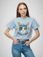 Girls' Teenage Cotton Oversized Rainbow Cat Print T-Shirt - Image 4