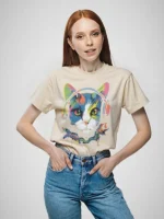 Girls' Teenage Cotton Oversized Rainbow Cat Print T-Shirt - Image 2